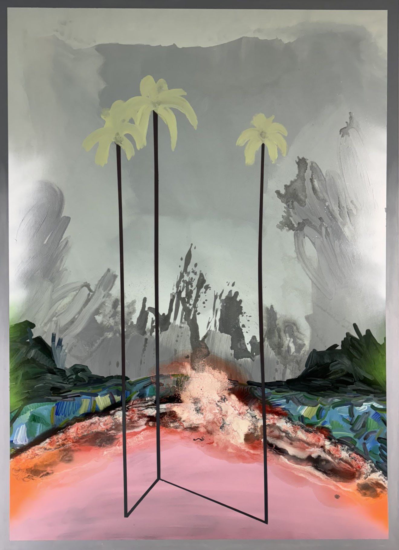 Two tall palms with yellow-green crowns against a grey-green background, with a coral-pink foreground and black geometric outline.